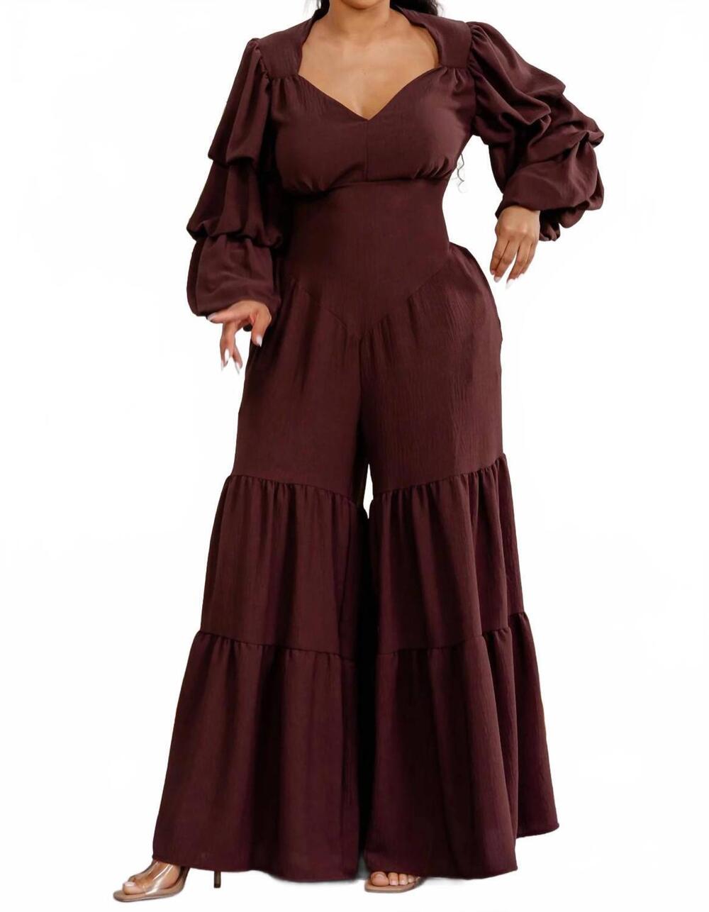 NEW KAREN T DESIGN dramatic tiered sleeves wide-leg jumpsuit in brown
